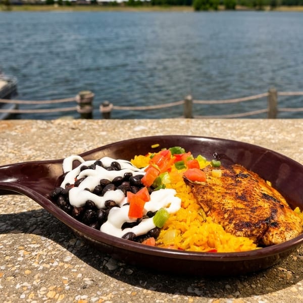 Grilled chicken, yellow rice, black beans, and pico de gallo in a brown dish by a lake.