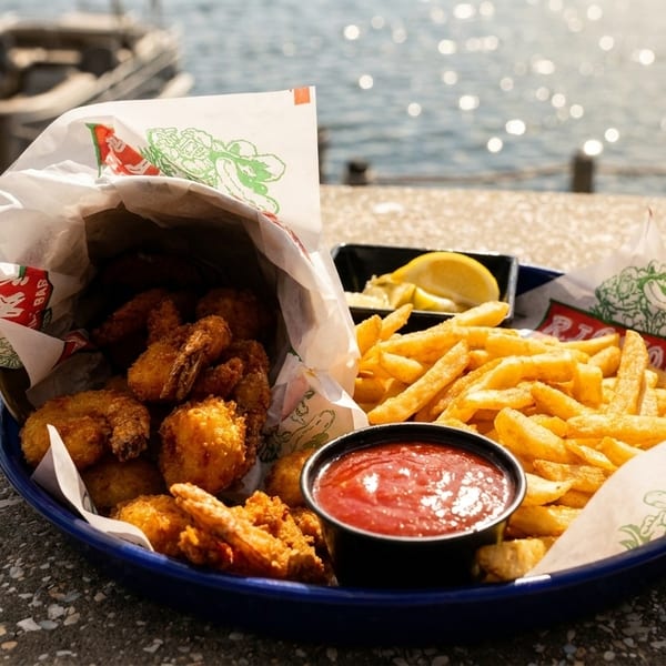 Fried shrimp and french fries with ketchup and lemon, served outdoors by a sunny lake.
