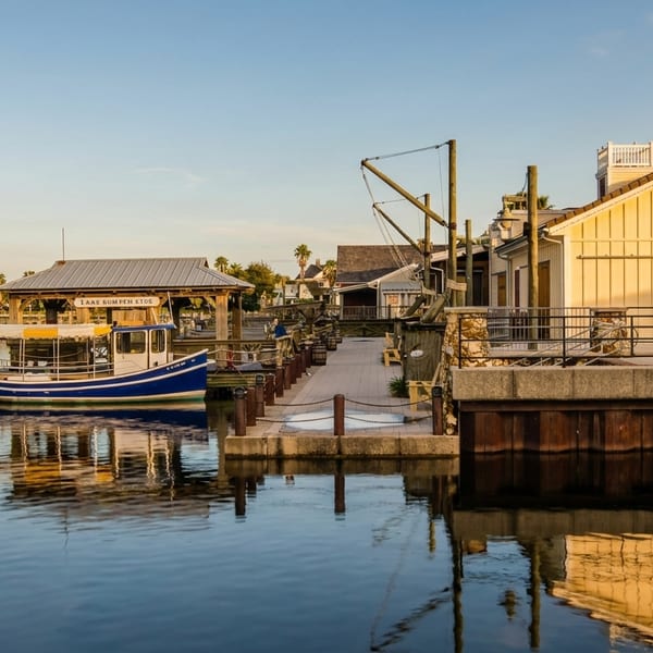 Waterfront view of R.J. Gator's restaurant, a boat, and a distant lighthouse under a clear sky.